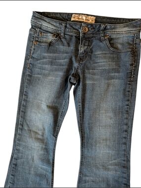 Vanilla Star Women's Mid-Rise Blue Denim Jeans Flare Bottoms
